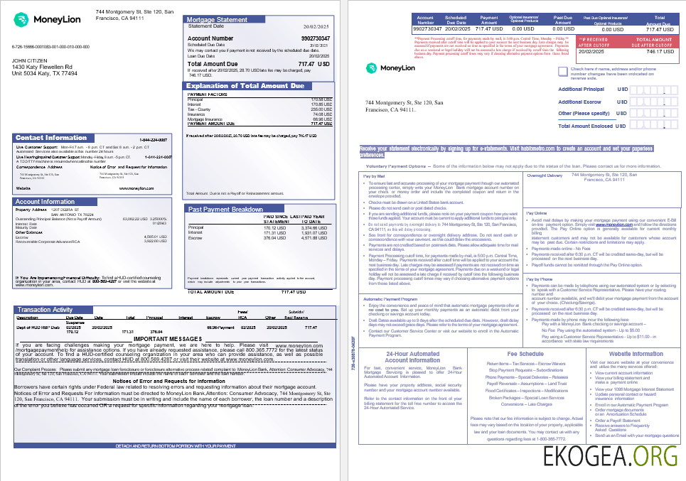 États , Unis Californie Relevé d'hypothèque bancaire MoneyLion aux formats Word et PDF, 3 pages 1 , 2